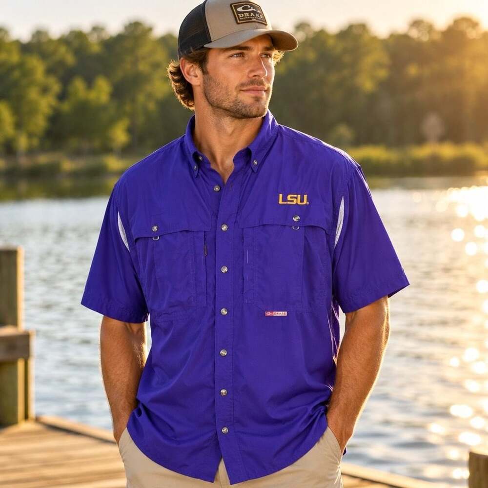 Drake Clothing Company LSU Tigers Fishing Shirt Size 2X Purple Short Sleeve